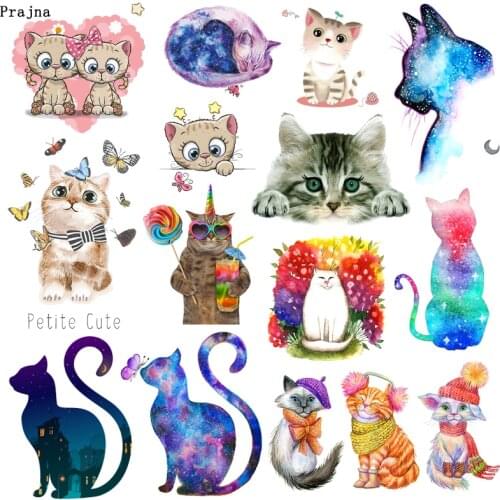 Prajna Colorful Cartoon Cat Iron On Transfers Vynil Heat Transfer Cute Ironing Sticker On Kids T-shirt Thermal Patches For Cloth