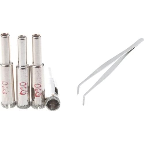 4 Pcs 10mm Dia Diamond Coated Drill Bit Marble Tile Glass Hole Saw with 20cm Angled Slanted Tip Metal Curved Tweezer