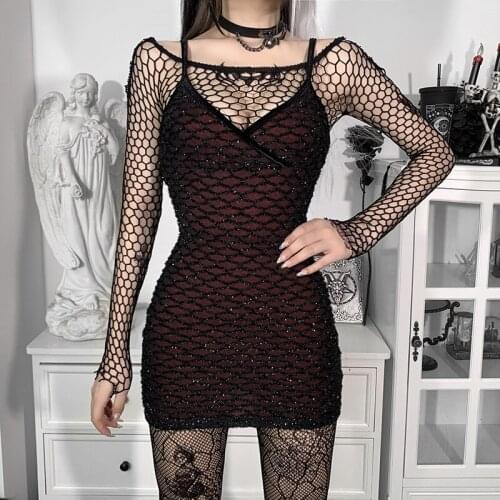 Vintage Sexy V Neck Sleeveless Mesh Red Dress Gothic Women Spaghetti Strap Bodycon Backless High Waist Mini Dress