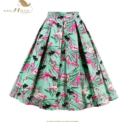 SISHION Cotton Women Skirts Female SP1157 Vintage Green Flamingo High Waist Summer Skirts Plus Size Falads Mujer