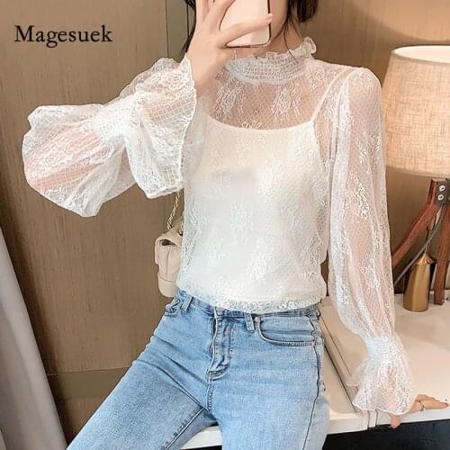 Summer Lace Shirt Fashion Long Sleeve Mesh Hollow See Through Blouse Women Stand-collar Petal Sleeve Tops Base Clothing 13401