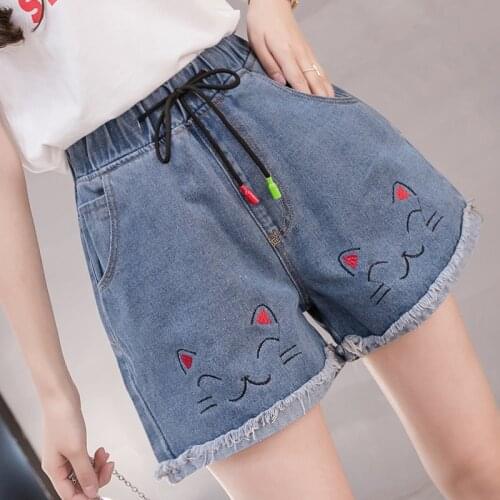 Plus Size Denim Shorts Women 2021 Summer Cute Cat Print Drawstring Pocket Jeans Shorts Female Elastic High Waist Shorts S-5XL
