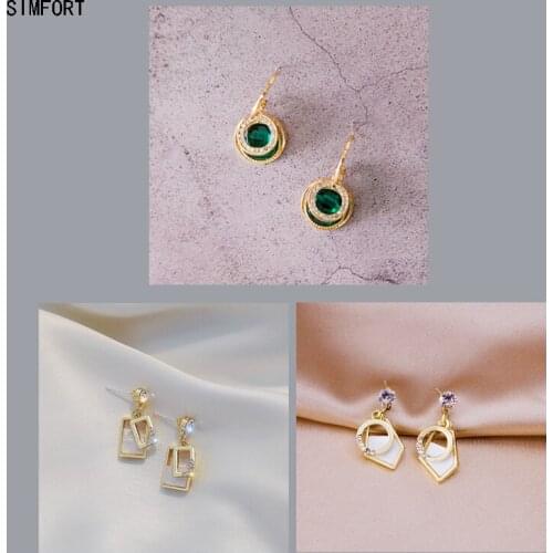Womens 925Silver Pin Earrings Geometry Square Rhombus Green Simple Fashion Personality Simple Alloy Decoration Jewelry Gift