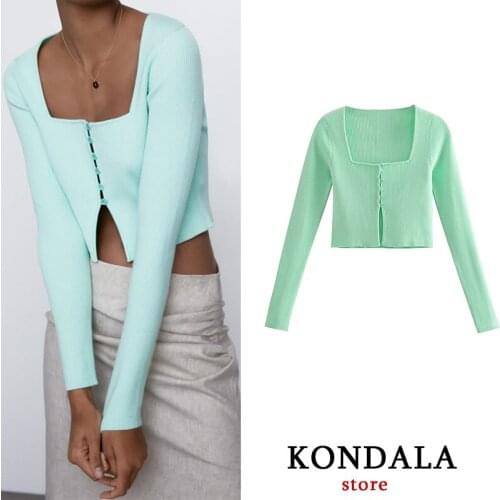 KONDALA Women Sweaters Za Spring Knitted Cropped Button Square Collar Cardigans Sexy Fashion 2021 High Street Mujer Tops