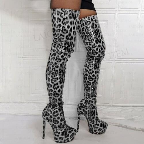 SEIIHEM Women Thigh High Boots Zip Shiny Thin High Heels Over Knee Boots Platform Cosplay Party Shoes Woman Big Size 41 43 47 52