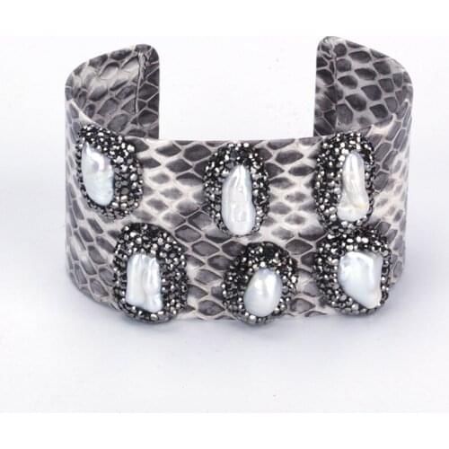Natural Irragular Freshwater Pearl Bead Charm Pave Rhinestone Dark Grey Real Snake Leather Wide Open Bangle Cuff Bracelet Women