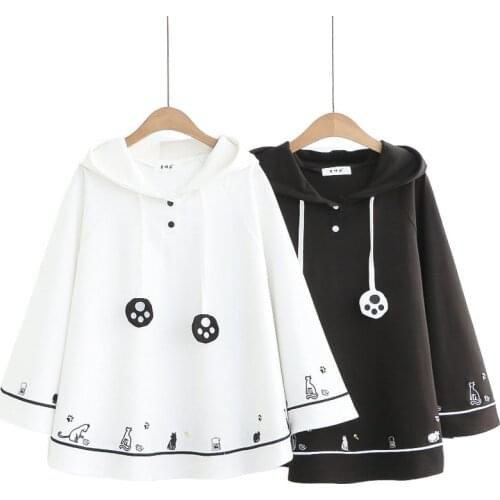 Harajuku Japanese Mori Girl Embroidered Cat Paw Cloak Women Cute Loose With Ears Hoodies Sweatshirts Teen Girls Hood Pullovers