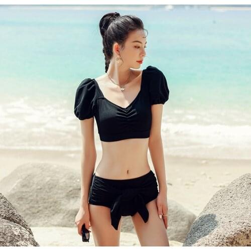 Bikini Push Up 2021 Surf Swimsuit For Women Bathing Suit Plus Size Lady Summer Split Short Sleeve Lace Pleated French Black