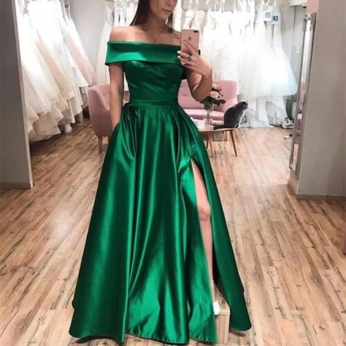 Sexy Evening Dress 2020 Green Boat Neck Simple Off Shoulder A-Line High Slit Satin Formal Dress For Women Plus Size LE4034