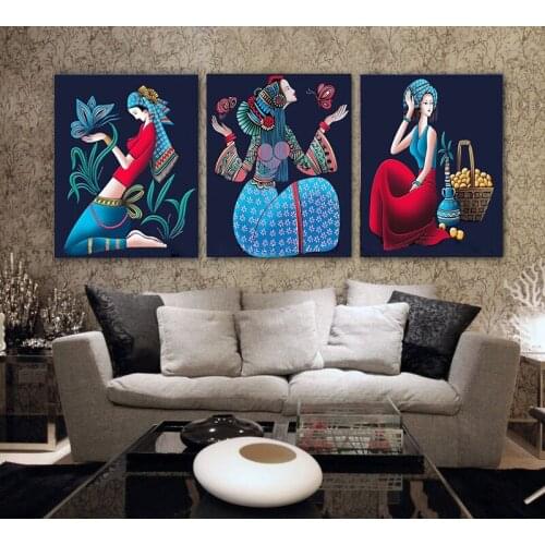3 pieces handmade painting Chinese folk girls on oil canvas for home decor and wall poster