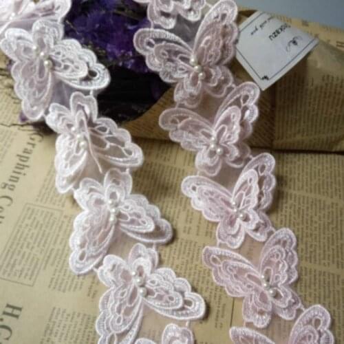 10x Light Pink Butterfly Pearl Embroidered Lace Trim Ribbon Fabric Handmade DIY Sewing Craft For Costume Hat Shoes Decoration