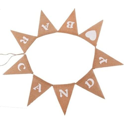 9 Flags Retro Hessian Jute Fabric Rustic Burlap Bunting Banners Candy Bar Heart Print Banner for Party Decoration Supplies