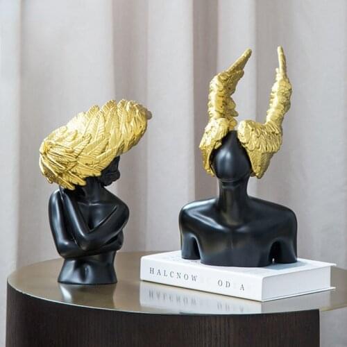 Golden Wing Abstract Figures Angel Resin Figurines Desk Decor Ornaments Creativity Character Sculpture Living Room Decoration
