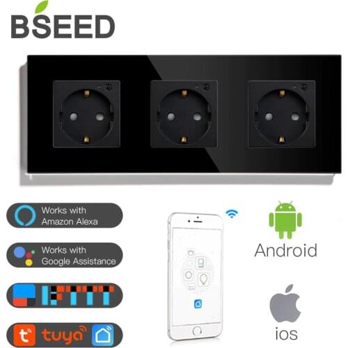 BSEED Triple Socket Wifi Type EU Standard Wall Socket 16A White Black Gloden Crystal Glass Panel Work With Tuya Google