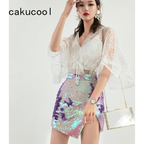 Cakucool Sequined Skirt High Slit Double Layer Discolor Beading Summer sexi mini pencil Skirt High Waist Bling Shiny Party Skirt