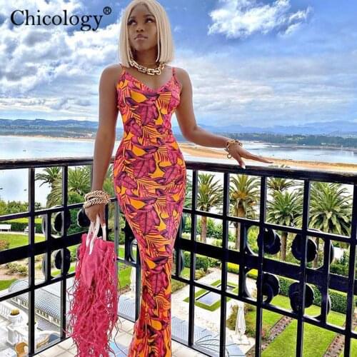 Chicology colorful print maxi dress 2020 sleeveless club outfits women sexy neon clothes female streetwear lady bodycon sundress