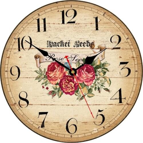 Wooden Wall Clock 12 Inch Retro Farmhouse Decor, Silent Non Ticking Wall Clocks Large Decorative - Vintage Rustic Rose Flower