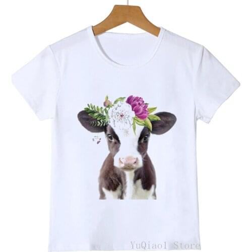 Cute Floral Cow/Giraffe Animal Print Kids Tshirt White Summer Lovely Baby Toddler Girl T-Shirt Unisex Top Tee Childrens Clothes