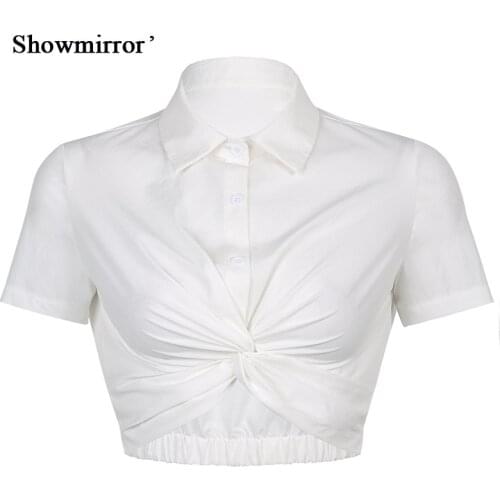 Showmirror Elegant White Shirt T-shirt Women Crop Top Solid Ruched Black Cotton Tee Shirt 2021 Casul t shirt y2k Clothing