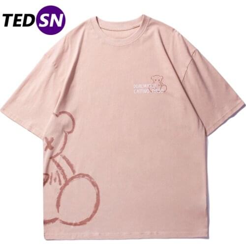 2021 Grafitti T-Shirt Men Bear Stick Figure Print Cotton Streetwear Shirt Cotton Top Tee Harajuku Unisex T-Shirts Clothing Pink