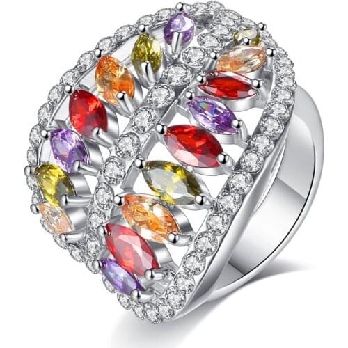 Hainon Luxury Pretty Gifts Silver Color Elegant Rings for Women With Colorful Leaves CZ Engagement Ring Jewelry Distribution