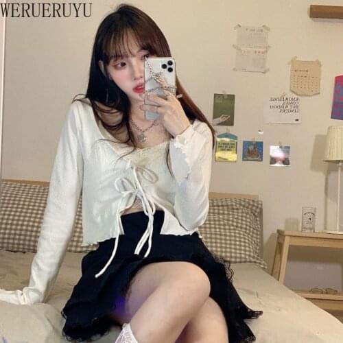 WERUERUYU 2021 Sunscreen Short Strap V-neck Knitted Top Womens Summer Autumn Small Cardigan Thin Long-sleeved Cardigan