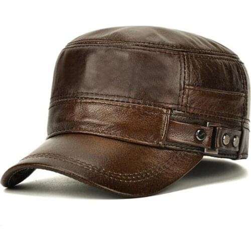 Adjustable Size Men Black Cap Snapback Cap Natural Cowhide Leather Cap Military Hats Mens Flat Caps New Winter Warm Dad Hat