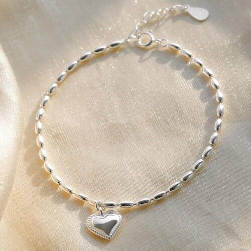 KOFSAC New 925 Sterling Silver Love Heart Bracelet Women Gift Fashion Cute Rice Grains Bracelet Girl Valentines Day Accessories