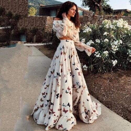 2021 summer butterfly print two-piece Set bohemian Wide Length Dress long Puff-Sleeve Dress Boho Fashion Sexy