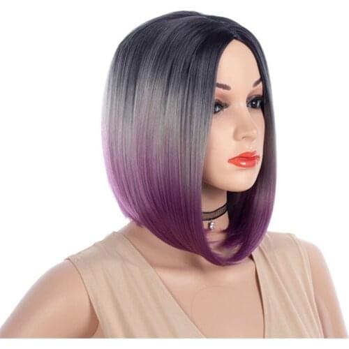 Hywamply 12" Short Straight Synthetic Hair Wigs Grey Blue Blonde Ombre Bob Wigs for Women Daily Wear