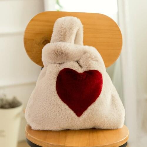Soft faux rabbit fur handbag crossover heart shape handbag women smiling face cute shopping bag vest shape drawstring fur bag