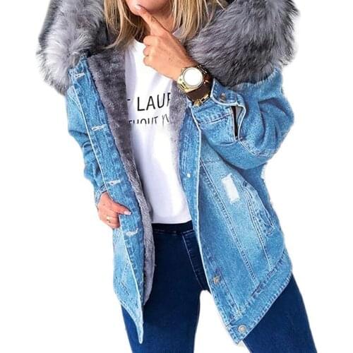 2020 new y2k retro denim coat with large fur collar for ladies to keep warm and make old coat medium and long cotton denim coat