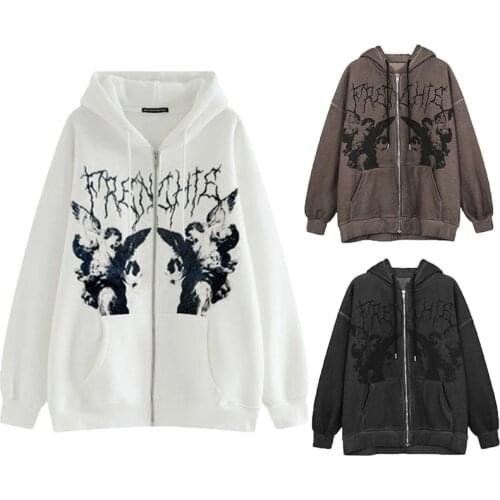 New Hoodie Sweater Ladies Loose Street Sports Zipper Cardigan Long-sleeved Jacket Men Hip-hop Street Jacket Retro Angel Print
