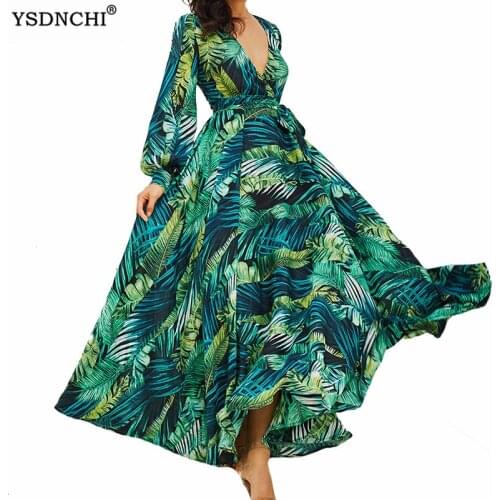 YSDNCHI Summer Long Lantern Sleeve Casual Party Vestidos Maxi Dress Green Leaves Floral Printed Loose V Neck Sexy Floral