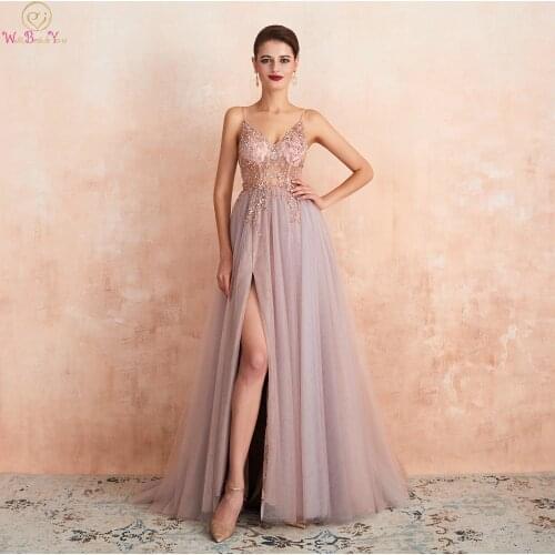 Pink Beaded Prom Dresses Plus Size 2021 Long Elegant See Through A Line Split Tulle V Neck Spaghetti Strap Evening Gown