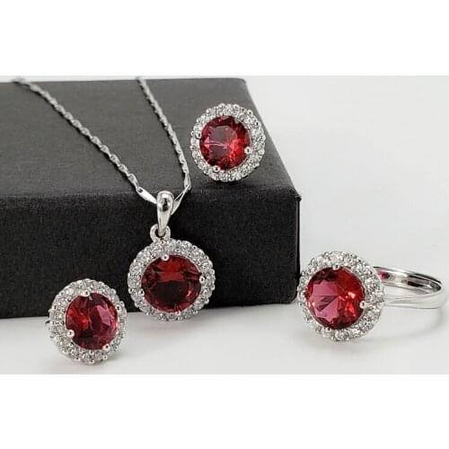 SA SILVERAGE Stud Earrings Wedding Rings Jewelry Set 3-pieces Sets 925 Sterling Silver Green/Red Crystal Round Pendant Necklaces