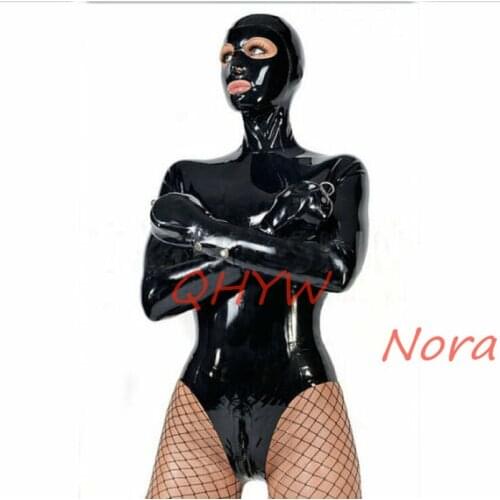 Sexy exotic women female handmade Black Latex customize Catsuit with hood&wrist buckles cekc fetish Bodysuits Bkini Back zipper