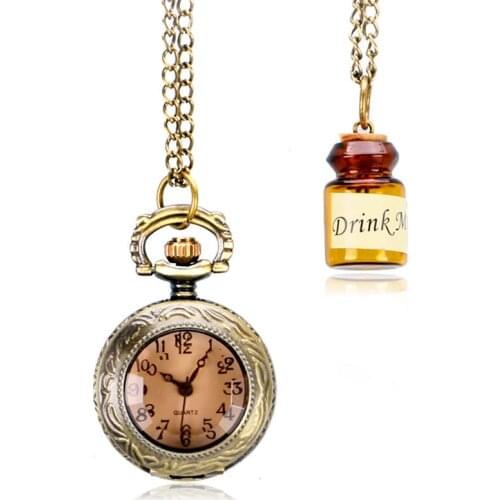 Vintage Glass Alice In Wonderland with Cute Drink Me Bottle Dark Brown Quartz Pocket Watch Gift for Pocket Watch With Necklace