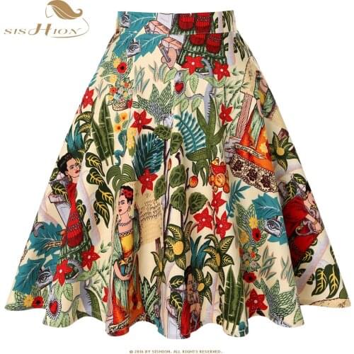 SISHION 2021 Floral Print Women Skirts Summer black High Waist Casual Vintage Swing Retro Skater Midi Skirt faldas mujer VD0020
