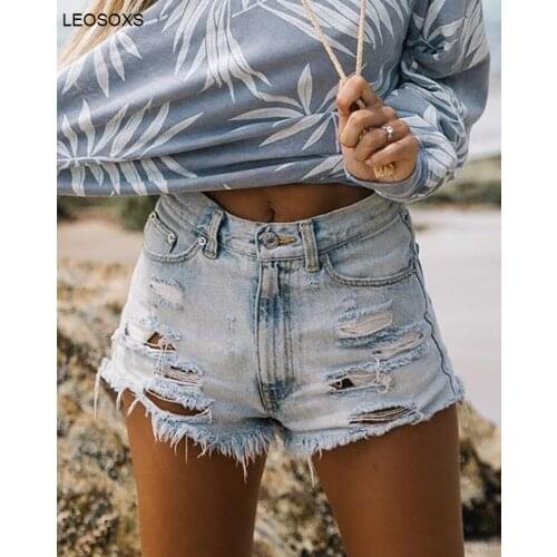 Summer Womens Clothing 2021 New Light Blue Denim Shorts Fashion Trend High Waist Ripped Fringed Jeans Shorts Female