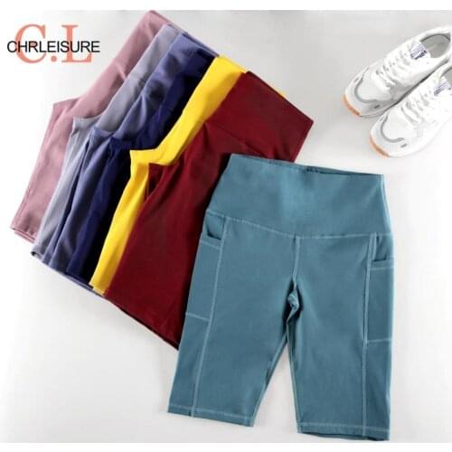 CHRLEISURE Women Workout Fitness Shorts Biker High Waist Pocket Skinny Shorts Push Up Elasticity Soft Hip Lifting Shorts Sports