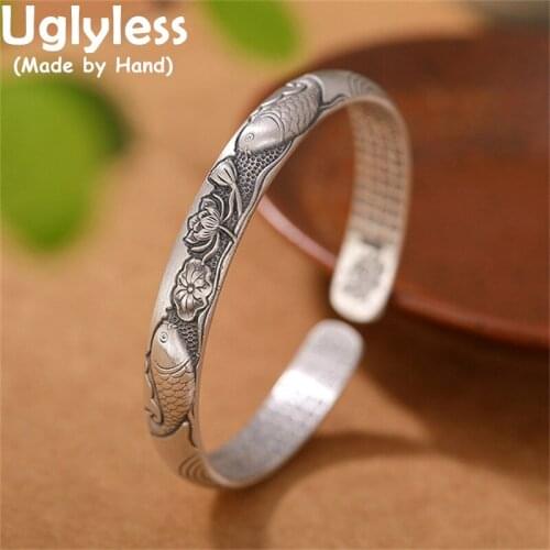 Uglyless Hand Carved Heart Sutra Bangles for Female Buddhists Real 999 Pure Silver Women Lotus Bangle Ethnic Thai Silver Jewelry