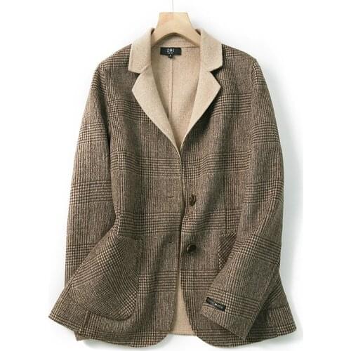 Hand-sewn Double-faced Coat Suit Female Commuter Plaid Outwear 2020 Female Autumn and Winter Woolen Overcoat Womens Clothing