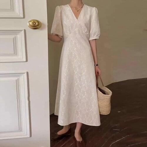 Floral Embroidery Summer Dress Women V-Neck Short Sleeve Casual Loose A-Line Party Dress Luxury Korean French Long Midi Dress