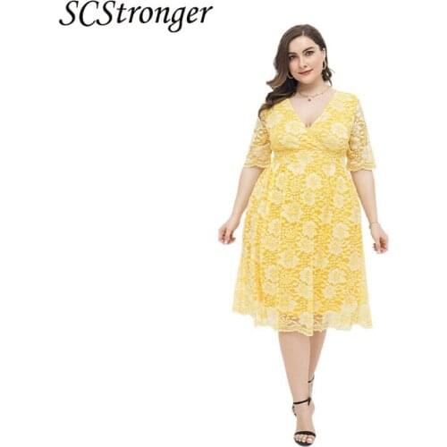 SCSTRONGER Summer Yellow Plus Size Dress Womens Casual V-Neck Dress Pure Color Lace Long Skirt Vestidos Mujer Verano 2021