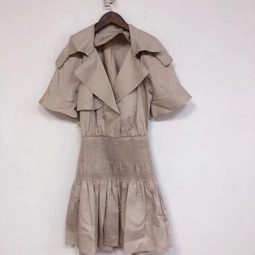 Women Dress Notched Elegant Mini Dress Short Sleeve Elastic Waist Pleated Back Hollow Out 2021 Spring Summer Ladies Short Dress