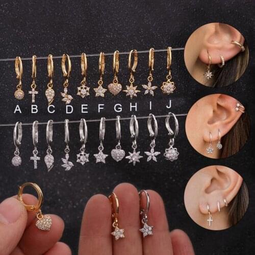 1 piece Small Hoop Earring Women CZ Heart Star Flower Cross Wing Sunflower Geometric Hoops Gold Silver Color Jewelry Earing