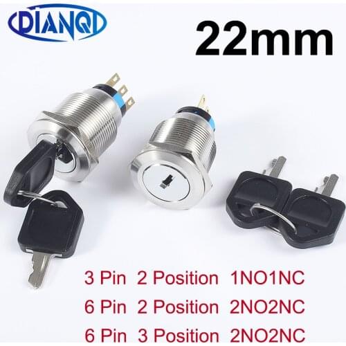 22mm Brass chrome Key Metal Waterproof brass 2/3 position Push Button Switch 1NO1NC/2NO2NC Button press button with two keys