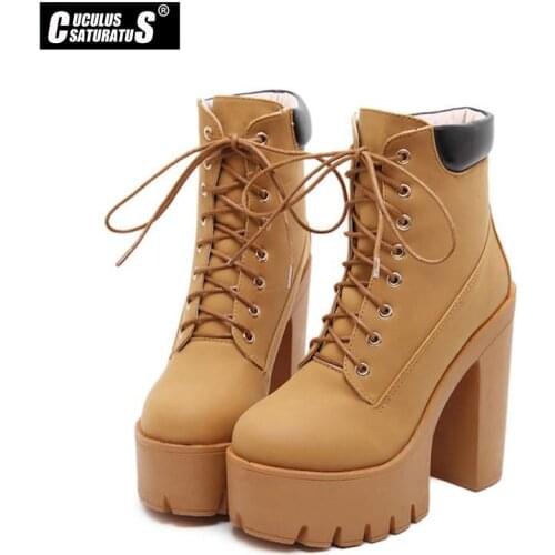 Cuculus Fashion Spring Autumn Platform Ankle Boots Women Lace Up Thick Heel Martin Boots Ladies Worker Boots Black Size 35-40