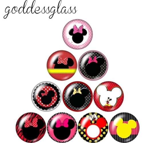 Disney Mickey Minnie Mouse Head Ribbon 10pcs 12mm/18mm/20mm/25mm Round photo glass cabochon flat back Necklace Making findings